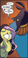 Size: 537x1101 | Tagged: safe, artist:jay fosgitt, idw, ahuizotl, fluttershy, friends forever #32, g4, my little pony: friends forever, spoiler:comic, anxiety, floppy ears, frown, gritted teeth, raised eyebrow, scared, wide eyes