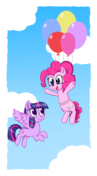 Size: 800x1440 | Tagged: safe, artist:bluemoonlightflower, pinkie pie, twilight sparkle, alicorn, pony, g4, balloon, cloud, female, flying, lesbian, looking at each other, mare, open mouth, ship:twinkie, shipping, sky, smiling, spread wings, then watch her balloons lift her up to the sky, twilight sparkle (alicorn), underhoof