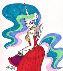 Size: 1269x1441 | Tagged: safe, artist:newyorkx3, princess celestia, anthro, g4, bedroom eyes, breasts, cleavage, clothes, dress, female, sideboob, solo, traditional art