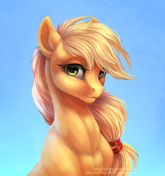 Size: 846x900 | Tagged: safe, artist:rrusha, applejack, earth pony, pony, g4, applejacked, beautiful, bust, cottagecore, eyelashes, featured image, female, hatless, lidded eyes, looking at you, mare, missing accessory, muscles, muscular female, portrait, realistic, signature, sky, smiling, solo, three quarter view