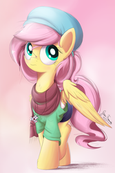 Size: 1500x2250 | Tagged: safe, artist:bugplayer, fluttershy, pegasus, pony, g4, bugplayer is trying to murder us, clothes, cute, cutie mark necklace, female, fluffy, frown, hat, hilarious in hindsight, hipster, hipstershy, jewelry, mare, necklace, raised leg, scarf, shirt, shyabetes, solo, spread wings, stray strand, winter outfit
