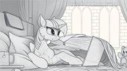 Size: 2200x1240 | Tagged: safe, artist:yakovlev-vad, twilight sparkle, alicorn, pony, g4, bed, commission, computer, female, fluffy, grayscale, laptop computer, lidded eyes, monochrome, sketch, slender, smiling, solo, spread wings, teddy bear, thin, twilight sparkle (alicorn)