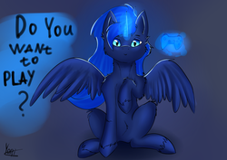 Size: 2359x1671 | Tagged: safe, artist:sweetcinnamon, princess luna, gamer luna, g4, controller, female, fluffy, looking at you, magic, sitting, solo, spread wings, telekinesis