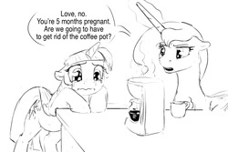 Size: 1280x853 | Tagged: safe, artist:silfoe, princess luna, twilight sparkle, alicorn, pony, other royal book, royal sketchbook, g4, black and white, coffee, crying, dialogue, eyes on the prize, female, floppy ears, frown, grayscale, lesbian, magical lesbian spawn, mare, monochrome, offspring, open mouth, parent:princess luna, parent:twilight sparkle, parents:twiluna, preglight sparkle, pregnant, sad, ship:twiluna, shipping, simple background, sketch, speech bubble, twilight sparkle (alicorn), unamused, wavy mouth, white background