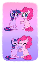 Size: 800x1300 | Tagged: safe, artist:bluemoonlightflower, pinkie pie, twilight sparkle, alicorn, pony, g4, eyes closed, female, holding hooves, lesbian, mare, ship:twinkie, shipping, twilight sparkle (alicorn)