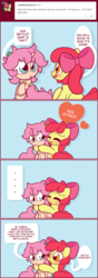 Size: 1125x3186 | Tagged: safe, artist:symbianl, apple bloom, oc, oc:cherry bot, pony, robot, robot pony, g4, :3, adorabloom, comic, comically missing the point, cute, dialogue, heart, hug