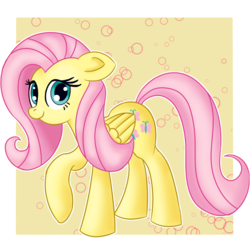 Size: 1800x1800 | Tagged: safe, artist:atmosseven, fluttershy, g4, abstract background, cute, female, floppy ears, folded wings, looking at you, raised hoof, shyabetes, solo, standing