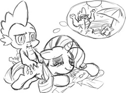Size: 512x377 | Tagged: safe, artist:php63, rarity, spike, dragon, pony, unicorn, g4, beefspike, fanfic art, grayscale, male, massage, misleading thumbnail, monochrome, ship:sparity, shipping, sketch, straight