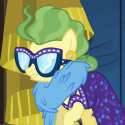 Size: 504x504 | Tagged: safe, screencap, flam, flim, fluttershy, pony, g4, viva las pegasus, animated, clothes, costume, flim flam brothers, gif, glasses, impossibly rich, raised eyebrow, solo focus