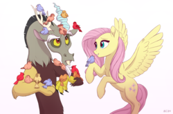 Size: 1960x1292 | Tagged: safe, artist:akeahi, discord, fluttershy, bird, draconequus, pegasus, pony, g4, beauty and the beast, disney, disney style, duo, duo male and female, female, flying, implied discoshy, implied shipping, implied straight, male, mare, simple background, style emulation, white background