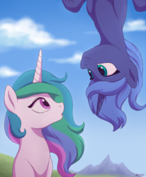 Size: 800x973 | Tagged: safe, artist:akeahi, princess celestia, princess luna, alicorn, pony, g4, :o, cute, cutelestia, disney, duo, eye contact, female, frozen (movie), looking at each other, lunabetes, mare, missing accessory, royal sisters, s1 luna, siblings, sisters, smiling, upside down, younger