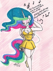 Size: 1231x1651 | Tagged: safe, artist:newyorkx3, princess celestia, anthro, plantigrade anthro, g4, bette davis eyes, breasts, busty princess celestia, clothes, dialogue, dress, eyes closed, female, high heels, kim carnes, music notes, shoes, singing, solo, song reference, traditional art