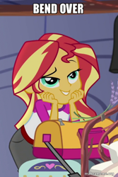 Size: 500x748 | Tagged: safe, edit, edited screencap, screencap, sunset shimmer, equestria girls, g4, my little pony equestria girls: legend of everfree, bend over, caption, image macro, makeameme.org, meme