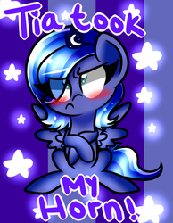 Size: 929x1200 | Tagged: dead source, safe, artist:artypaints, princess luna, alicorn, pony, g4, blushing, cute, female, filly, frown, missing horn, sitting, solo, woona, younger