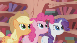 Size: 845x475 | Tagged: safe, screencap, applejack, pinkie pie, rarity, earth pony, pony, unicorn, dragonshy, g4, ^^, animated, applejack's hat, bipedal, cowboy hat, cute, diapinkes, eyes closed, female, freckles, gif, golden oaks library, grin, hat, horses doing horse things, jackabetes, line-up, mare, open mouth, raribetes, rearing, smiling, talking