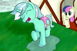 Size: 1200x800 | Tagged: safe, artist:ldj, bon bon, lyra heartstrings, sweetie drops, pony, unicorn, g4, cute, diaper, diaper fetish, female, grass, mare, no teeth, non-baby in diaper, outdoors, puddle, water, wet