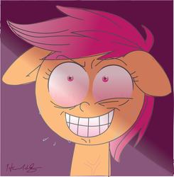 Size: 1151x1175 | Tagged: safe, artist:pinkamena-chan, scootaloo, pony, g4, crazy face, faic, female, floppy ears, solo