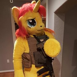 Size: 960x959 | Tagged: safe, artist:atalonthedeer, sunset shimmer, human, unicorn, g4, 2016, ar-15, assault rifle, bulletproof vest, clothes, cosplay, costume, fursuit, gun, irl, irl human, magpul, photo, pony costume, rifle, smiling, smirk, weapon