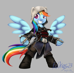 Size: 2550x2520 | Tagged: safe, artist:kvorias23, rainbow dash, pony, g4, assassin's creed, assassin's creed iv black flag, bipedal, blade, crossover, edward kenway, female, gauntlet, gun, hidden blade, high res, rainbow rogue, solo, sword, weapon
