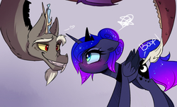 Size: 2200x1333 | Tagged: safe, artist:elementalokami, discord, princess luna, g4, blushing, boop, cute, discute, floppy ears, frown, glare, grin, heart, lunabetes, male, moonbutt, nose wrinkle, pouting, ship:lunacord, shipping, smiling, straight, teasing, tsundere, tsunderuna