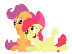 Size: 2592x1936 | Tagged: safe, artist:squipycheetah, apple bloom, scootaloo, earth pony, pony, g4, adorabloom, cute, cutealoo, female, floppy ears, happy, lesbian, looking down, looking up, mare, open mouth, raised hoof, raised leg, ship:scootabloom, shipping, simple background, sitting, smiling, transparent background, underhoof, vector