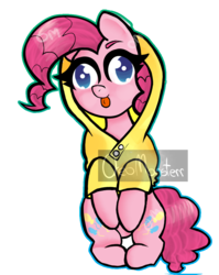 Size: 971x1219 | Tagged: safe, artist:oreomonsterr, pinkie pie, earth pony, pony, g4, clothes, derp, female, hoodie, silly, silly pony, solo, tongue out, watermark