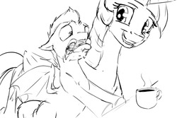Size: 1280x853 | Tagged: safe, artist:silfoe, twilight sparkle, oc, oc:pterus, alicorn, bat pony, pony, other royal book, royal sketchbook, g4, adopted offspring, black and white, coffee, coffee mug, disgusted, do not want, fangs, grayscale, monochrome, parent:princess luna, parent:twilight sparkle, parents:twiluna, simple background, sketch, tongue out, twilight sparkle (alicorn), white background