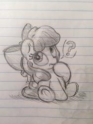 Size: 2448x3264 | Tagged: safe, artist:bobdude0, apple bloom, g4, confused, cute, female, grayscale, high res, lined paper, monochrome, question mark, sitting, sketch, solo, traditional art