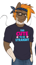 Size: 496x896 | Tagged: safe, artist:askbubblelee, oc, oc only, oc:singe, pegasus, anthro, anthro oc, bandage, clothes, glasses, hand in pocket, looking away, pansexual, pride, shirt, solo