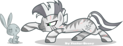 Size: 3480x1311 | Tagged: safe, artist:vector-brony, angel bunny, oc, oc only, oc:xenith, rabbit, zebra, fallout equestria, g4, crouching, doombunny, fanfic, fanfic art, female, mare, petrification, reaching, scar, signature, simple background, solo, statue, transparent background, vector, zebra oc