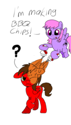 Size: 720x1280 | Tagged: safe, artist:toyminator900, oc, oc only, oc:chip, oc:melody notes, pegasus, pony, barbecue sauce, duo, flying, pun, simple background, white background