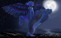 Size: 4000x2495 | Tagged: safe, artist:grandezu, princess luna, anthro, plantigrade anthro, g4, barefoot, commission, crush fetish, crushing, destruction, feet, female, foot fetish, foot focus, giantess, high res, macro, moon, night, sandals, soles, solo, toes