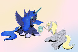 Size: 1906x1289 | Tagged: safe, artist:ponyjob, derpy hooves, princess luna, pony, g4, crown, cute, derpabetes, frog (hoof), horseshoes, jewelry, lunabetes, magic, open mouth, peytral, prone, regalia, smiling, spoon, telekinesis, underhoof