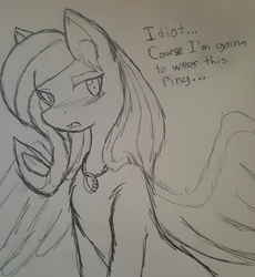Size: 2660x2894 | Tagged: safe, artist:steelsoul, oc, oc only, oc:swift gale, pegasus, pony, dialogue, embarrassed, high res, monochrome, offscreen character, ring, sketch, solo, traditional art, tsundere