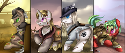 Size: 3462x1482 | Tagged: safe, artist:pridark, oc, oc only, earth pony, ghoul, pony, unicorn, fallout equestria, bag, cigarette, clothes, commission, hat, scenery, smoking, split screen