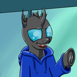 Size: 1500x1500 | Tagged: safe, artist:ponyjob, changeling, carlos ramón, changelingified, clothes, hoodie, magic school bus, meme, open mouth, parody, ponified, solo, species swap, sweater, underhoof