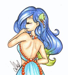 Size: 1024x1134 | Tagged: safe, artist:bunnywhiskerz, original species, pond pony, eyes closed, humanized, solo, traditional art