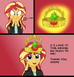 Size: 1748x1816 | Tagged: safe, artist:zharkaer, sunset shimmer, human, equestria girls, g4, blushing, comic, crown, crying, female, gradient background, implied anon, jewelry, regalia, solo, sunset shimmer day, tears of joy