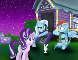 Size: 6600x5100 | Tagged: safe, artist:everesco, angel bunny, rainbow dash, starlight glimmer, trixie, pegasus, pony, unicorn, g4, absurd resolution, cookie zombie, female, mare, night, prankster dash, rainbow muzzle, trixie's wagon