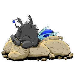Size: 2000x2000 | Tagged: safe, artist:ponyjob, oc, oc only, changeling, antenna, blue changeling, changeling oc, food, high res, potato, sack, sleeping, smiling, solo
