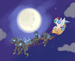 Size: 1500x1209 | Tagged: safe, artist:ponyjob, princess celestia, alicorn, changeling, pony, g4, cloud, flying, hat, horseshoes, jewelry, moon, necklace, open mouth, sad, santa hat, sky, sleigh, tongue out