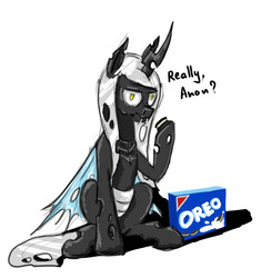 Size: 834x886 | Tagged: safe, artist:ponyjob, oc, oc only, changeling, changeling oc, cookie, dialogue, food, looking at you, oreo, sitting, solo, white changeling