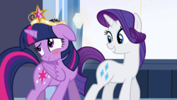 Size: 640x360 | Tagged: safe, screencap, rarity, twilight sparkle, pony, equestria girls, g4, big crown thingy, blushing, element of magic, grin, jewelry, regalia, smiling, twilight sparkle (alicorn)