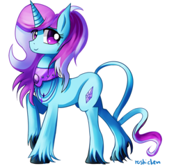 Size: 800x762 | Tagged: safe, artist:roshichen, oc, oc only, oc:diamond gem, classical unicorn, pony, unicorn, cloven hooves, horn, leonine tail, solo, unshorn fetlocks