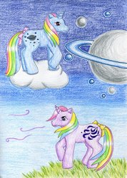Size: 800x1124 | Tagged: safe, artist:normaleeinsane, moonstone, windy (g1), g1, cloud, saturn, traditional art