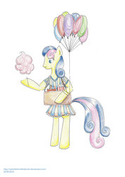 Size: 1024x1448 | Tagged: safe, artist:witchbehindthebush, bon bon, sweetie drops, earth pony, pony, g4, balloon, bipedal, cotton candy, female, food, solo, traditional art
