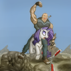 Size: 2633x2655 | Tagged: safe, artist:psychroculus, rarity, human, g4, borderlands, brick, crossover, humans riding ponies, riding