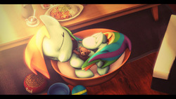 Size: 1920x1080 | Tagged: safe, artist:chocokumiko, rainbow dash, g4, 3d, ball, basket, bowl, carpet, chair, coffee, collar, cute, female, food, pet, pony pet, sleeping, source filmmaker, sugarcube, table, teddy bear, toy