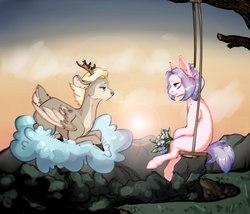 Size: 2520x2160 | Tagged: safe, artist:lothard juliet, oc, oc only, oc:silver flyer, deer, earth pony, peryton, pony, bouquet, cloud, high res, looking at each other, swing