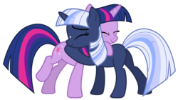 Size: 6653x3720 | Tagged: safe, artist:estories, twilight sparkle, oc, oc:silverlay, pony, unicorn, g4, hug, simple background, transparent background, unicorn twilight, vector